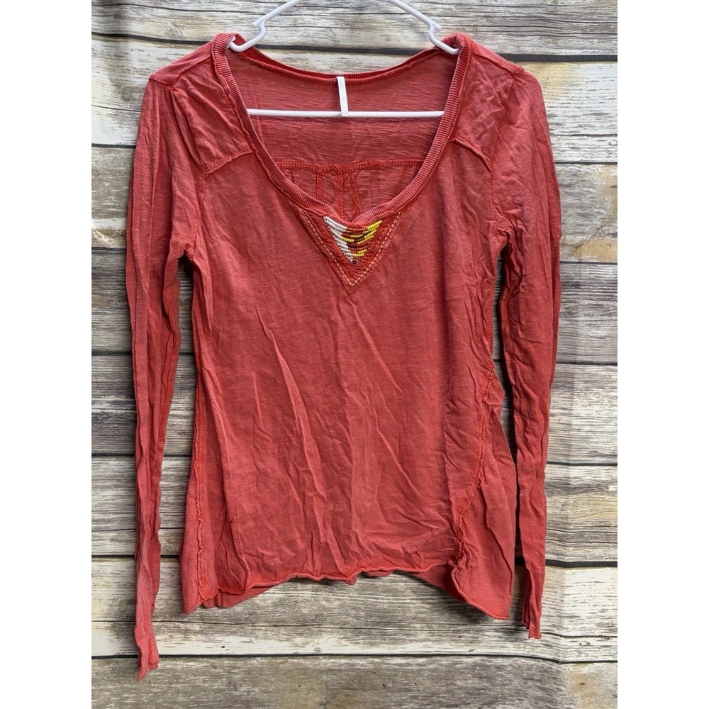 FREE PEOPLE‎ Beaded Cotton Shirt Red Long Sleeve Lightweight Women's XS Boho